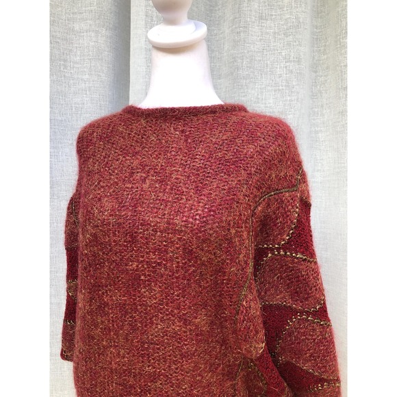 Jean Joseph Le Bon burgundy red gold mohair acrylic blend knit batwing sweater - Picture 6 of 9